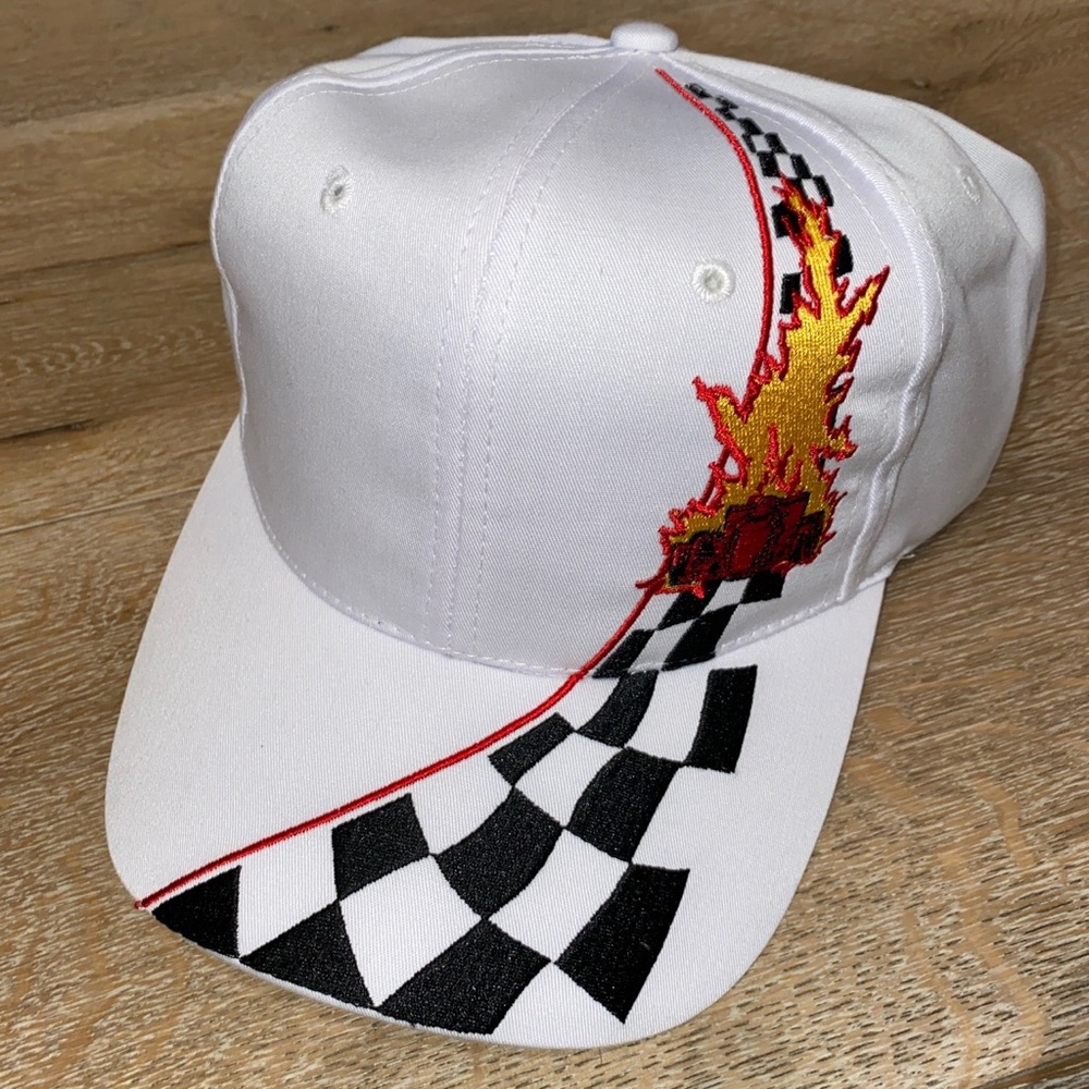 Vintage race car with flames dead stock snap back